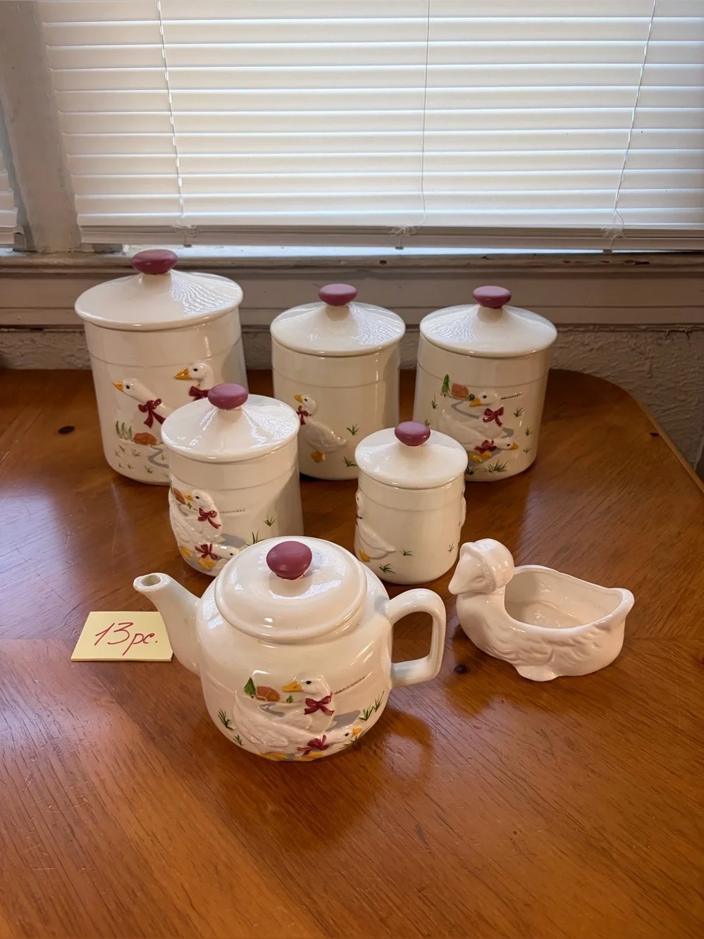 Vintage Country Goose Ceramic Canister Set with Teapot - 13 Pc